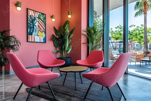Stylish Pink Waiting Area in a Contemporary Cinema with Art and Cozy Atmosphere