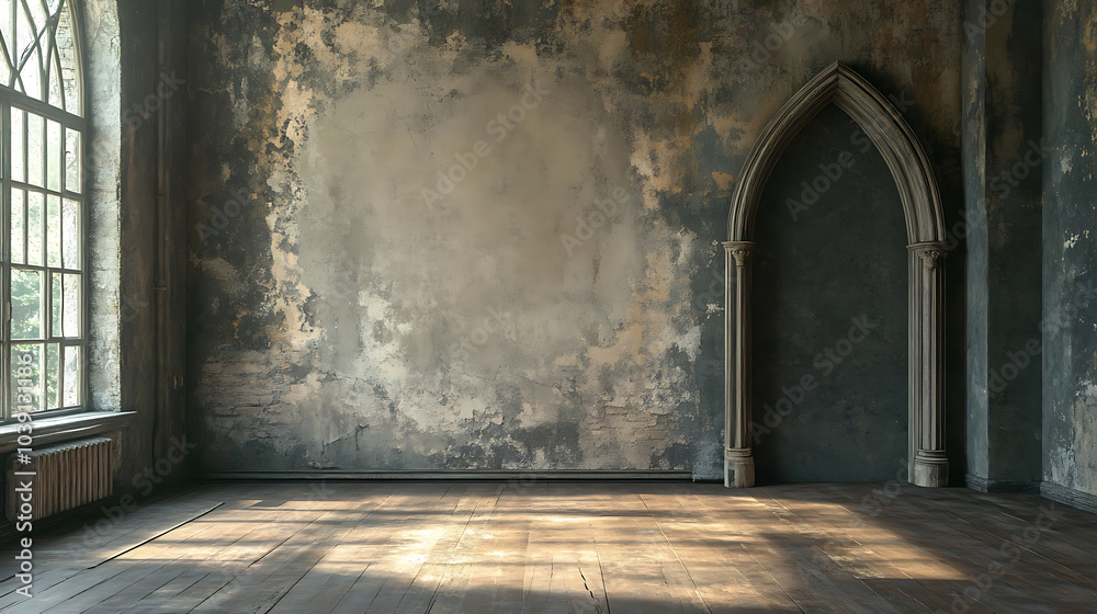 A weathered room with an arched doorway and an old window, offering a glimpse of a rustic and atmospheric space. A weathered room with an arched doorway and an old window, offering a glimpse of a rustic and atmospheric space.