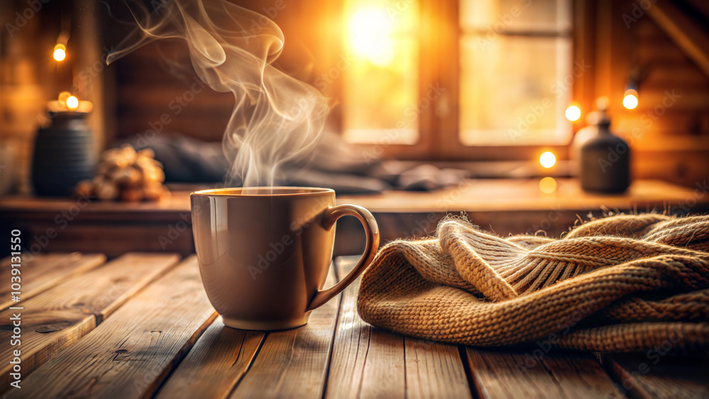 Steaming cup of coffee on a rustic wooden table with warm sunlight and cozy knit blanket in a cabin setting Steaming cup of coffee on a rustic wooden table with warm sunlight and cozy knit blanket in a cabin setting