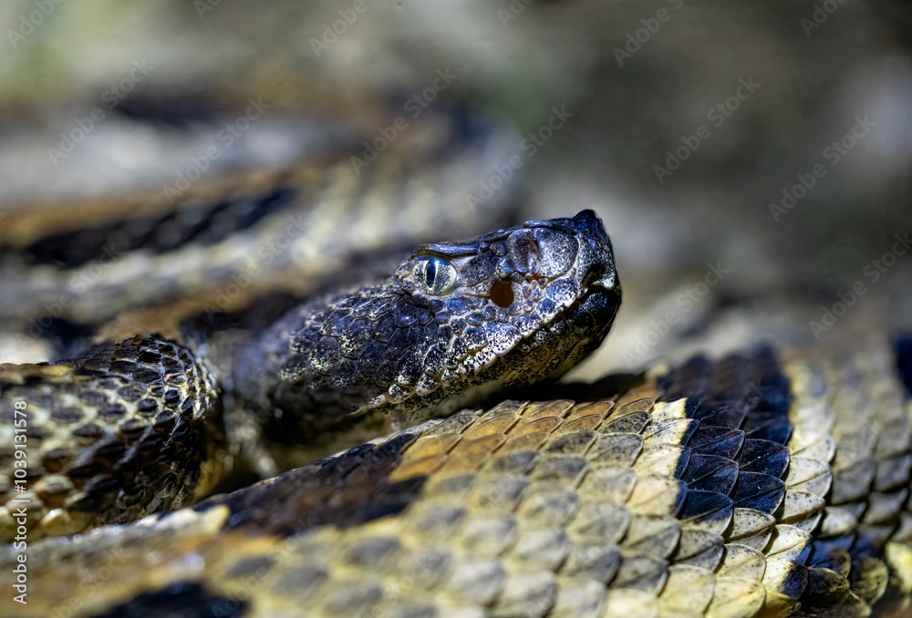 Timber rattlesnake closeup in forest Timber rattlesnake closeup in forest