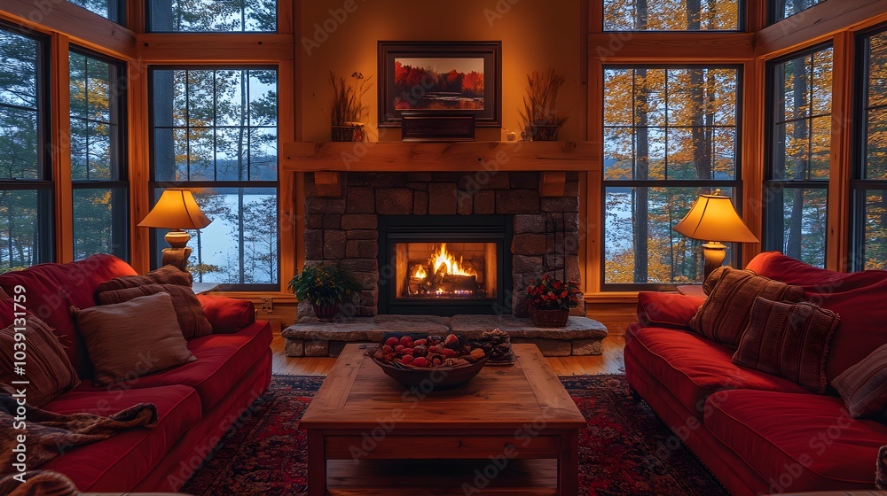 Cozy living room with autumn-themed decor, a fireplace glowing, deep red and orange hues reflecting the warmth of the season. fall-inspired living room, cozy fireplace Cozy living room with autumn-themed decor, a fireplace glowing, deep red and orange hues reflecting the warmth of the season. fall-inspired living room, cozy fireplace