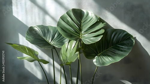 Minimalist tropical leaves casting detailed shadows on a cool grey table, soft white background, tropical design, clean botanical style photo