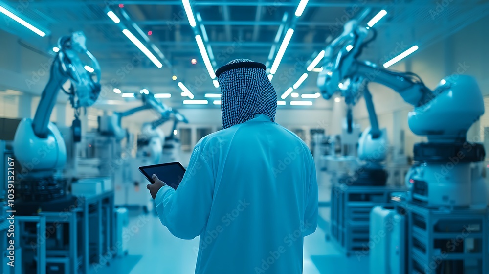 Saudi Engineer Overseeing Automated Car Production Line – Modern Industrial Technology with Robotics and Quality Control Saudi Engineer Overseeing Automated Car Production Line – Modern Industrial Technology with Robotics and Quality Control