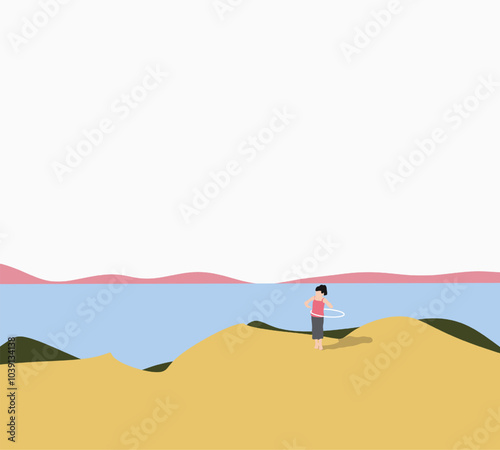 Girl playing hula hoop on rocky coast with sea and mountain landscape. Outdoor activity outdoor. Minimal design.