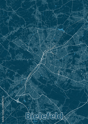 Map of Bielefeld, Germany, rendered in a minimalist style. The map features a dark teal background with white lines representing roads and streets.
