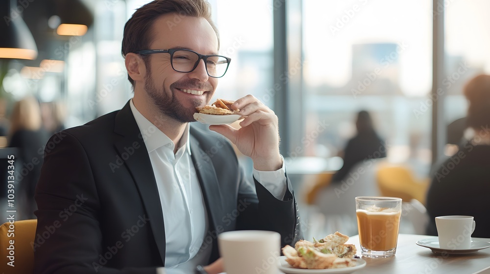 A businessman enjoying a pastry and coffee in a cafe. A businessman enjoying a pastry and coffee in a cafe.
