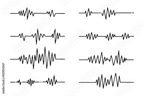 Doodle graphics of heartbeats, sound symbols and earthquakes.