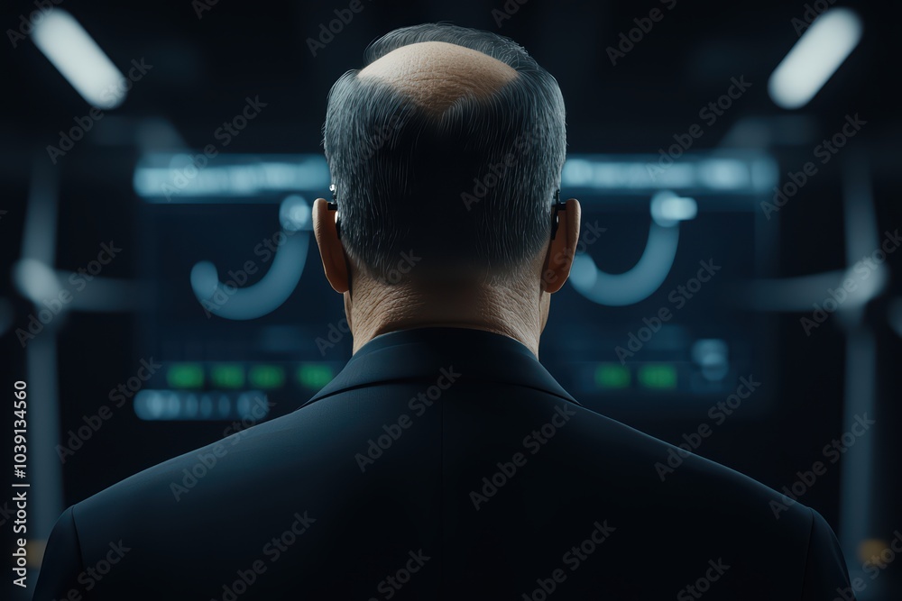 A businessman in a suit observing high-tech data on screens, showcasing corporate environment and analysis.