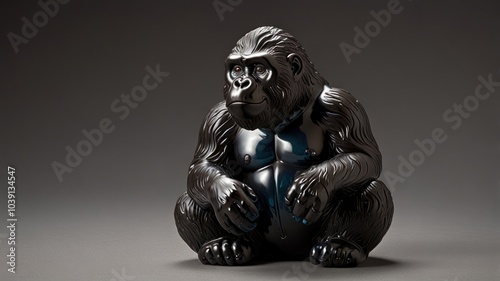 A black, glossy, gorilla sculpture, sitting on a dark grey background. photo