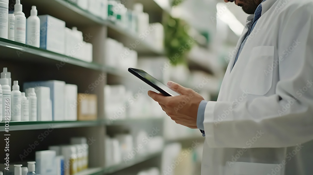 Close-up of Saudi pharmacist checking inventory on a tablet in a modern pharmacy. Medical products on shelves, healthcare professional at work. Close-up of Saudi pharmacist checking inventory on a tablet in a modern pharmacy. Medical products on shelves, healthcare professional at work.