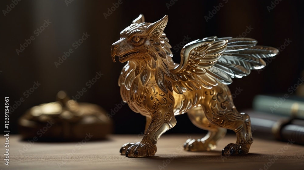 A golden griffin figurine stands on a wooden table, with a blurred background of books. A golden griffin figurine stands on a wooden table, with a blurred background of books.