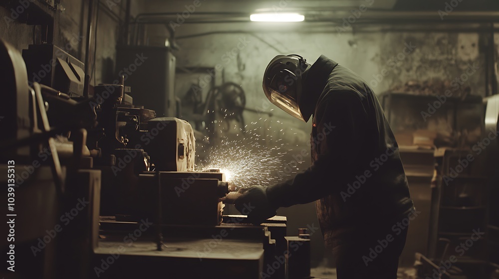 Skilled blacksmith in protective gear working with a grinding machine, creating sparks in a dimly lit workshop filled with heavy equipment and metalworking tools. Skilled blacksmith in protective gear working with a grinding machine, creating sparks in a dimly lit workshop filled with heavy equipment and metalworking tools.
