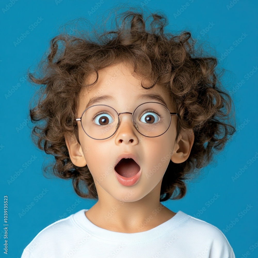 Excited Child with Glasses for Back to School Portrait on Blue Background with Copy Space for New Knowledge Excited Child with Glasses for Back to School Portrait on Blue Background with Copy Space for New Knowledge
