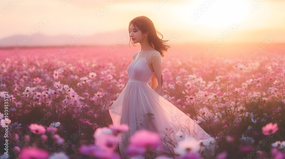 Portrait image of an asian woman walking into a beautiful Cutter flower field. Portrait image of an asian woman walking into a beautiful Cutter flower field.