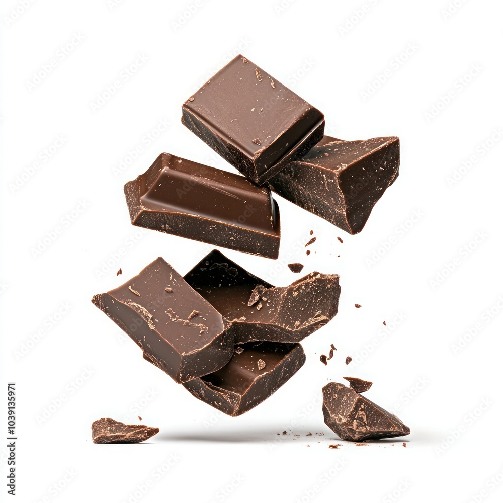 Dark Chocolate Pieces Falling Close-Up on White Background Dark Chocolate Pieces Falling Close-Up on White Background
