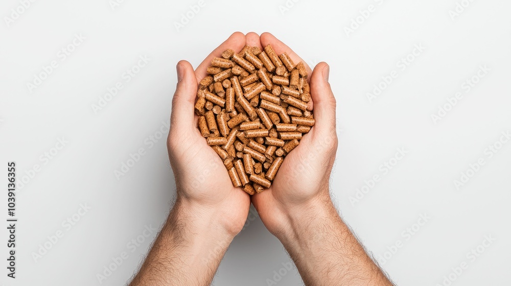 Close-up view of hands holding a pile of wood pellets on a white background. Close-up view of hands holding a pile of wood pellets on a white background.