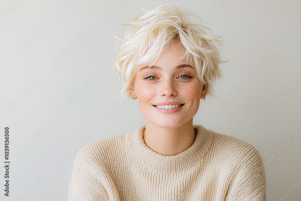 A blonde woman with a short haircut and a white sweater is smiling A blonde woman with a short haircut and a white sweater is smiling