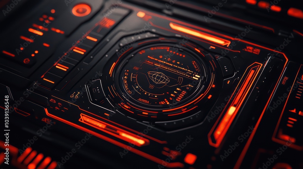 Futuristic control interface with glowing red elements on a dark background. Futuristic control interface with glowing red elements on a dark background.