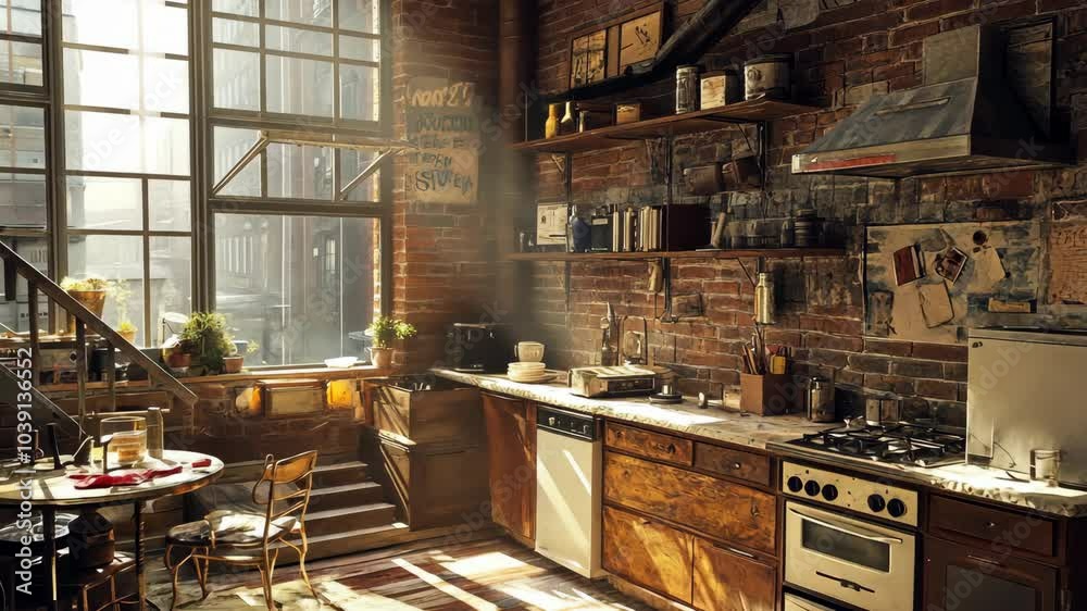 Sunlight streams through a large window in this rustic loft kitchen, illuminating the exposed brick walls and wooden cabinets Sunlight streams through a large window in this rustic loft kitchen, illuminating the exposed brick walls and wooden cabinets