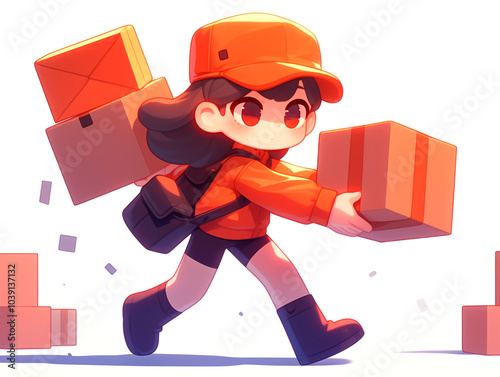 A cartoon delivery person in a red uniform and hat, carrying boxes while walking. photo