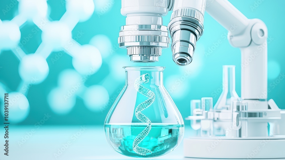 Microscope examining a laboratory flask with blue liquid and DNA strand on a bright, scientific background. Microscope examining a laboratory flask with blue liquid and DNA strand on a bright, scientific background.