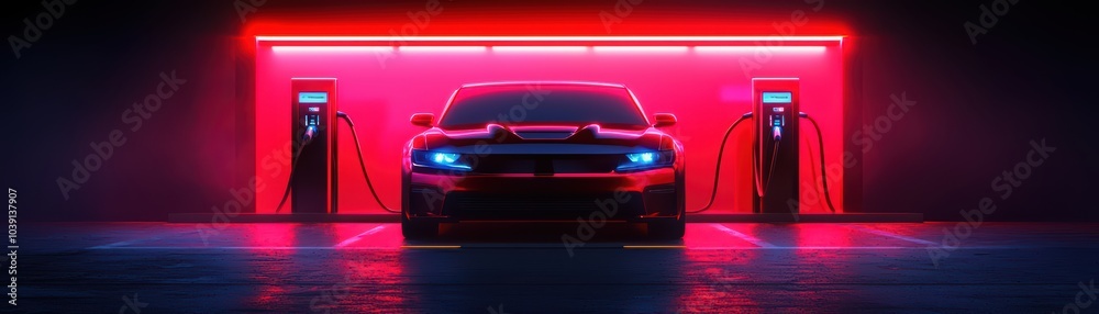 Modern electric car charging in a neon-lit station at night, showcasing futuristic design. Modern electric car charging in a neon-lit station at night, showcasing futuristic design.
