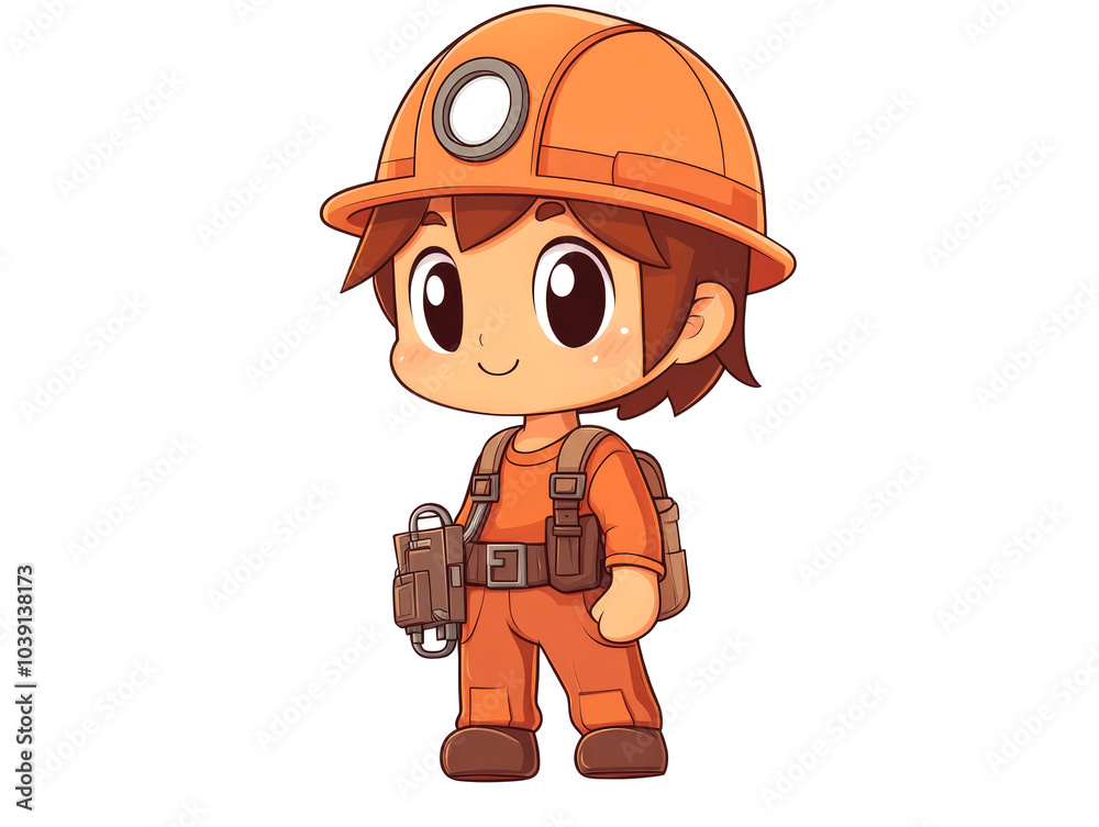 Fototapeta premium A cartoon illustration of a young boy wearing a hard hat and work clothes. He is smiling and looks happy and ready for work.