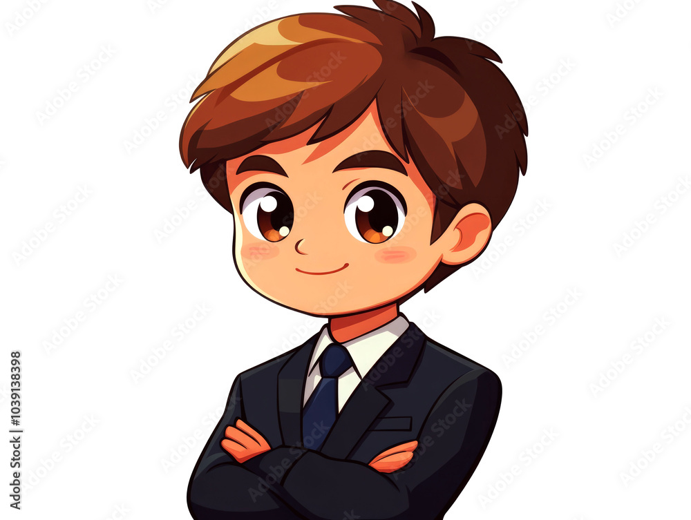 A cartoon illustration of a young businessman with brown hair, wearing a black suit and blue tie, smiling and looking confident. A cartoon illustration of a young businessman with brown hair, wearing a black suit and blue tie, smiling and looking confident.