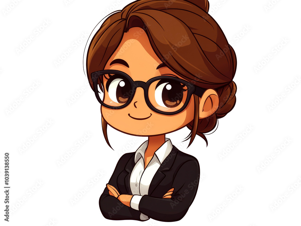 A cartoon illustration of a young woman with brown hair wearing glasses and a business suit. A cartoon illustration of a young woman with brown hair wearing glasses and a business suit.