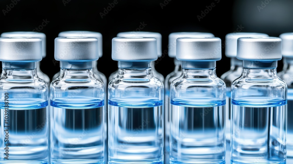 Row of clear glass vials containing blue liquid on a black background. Row of clear glass vials containing blue liquid on a black background.