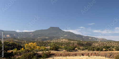 Panoramic view of Cerro Pedernal, a distinctive northern New Mexico landmark, from the edge of Cañones Creek photo