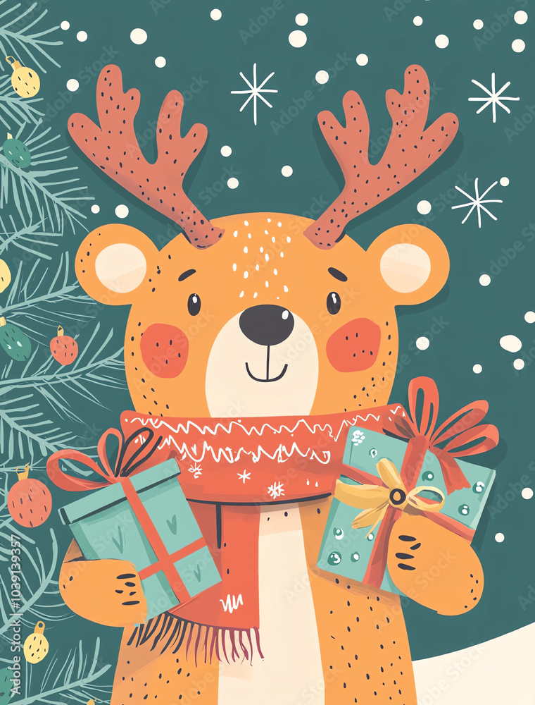 Naklejka premium Cute bear with deer antlers and a scarf, holding Christmas presents, vector illustration in a flat, cartoon style design