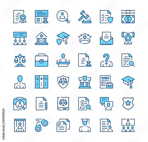 Legal system icons. Outline symbols. Vector blue line icons set