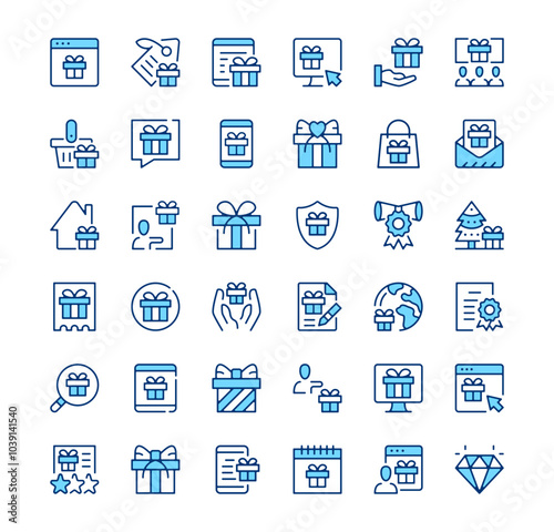 Gift icons. Outline symbols. Vector blue line icons set