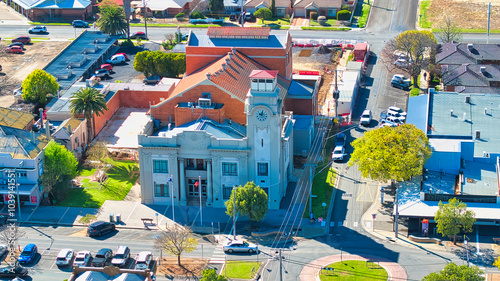 Yarrawonga historic Town Hall and nearby buildings from above photo