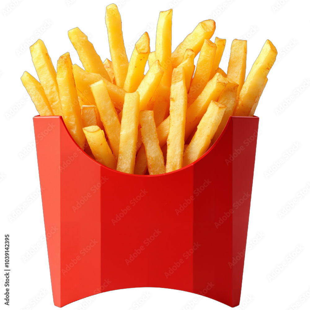 Crispy golden French fries in a bright red container isolated on transparent background
