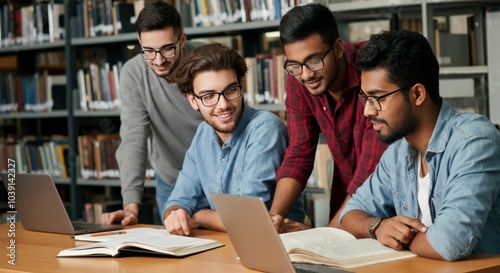 Group of diverse students studying together in a library