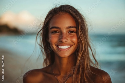 Smiling woman looking at camera - generative ai