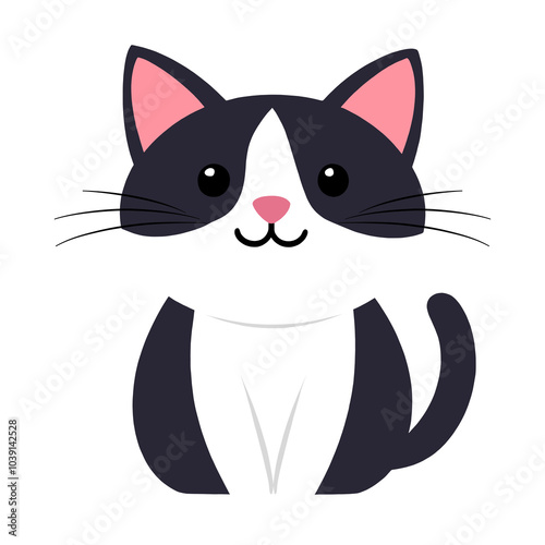 A Cute Cat Black and white isolated on white background, flat design illustration.