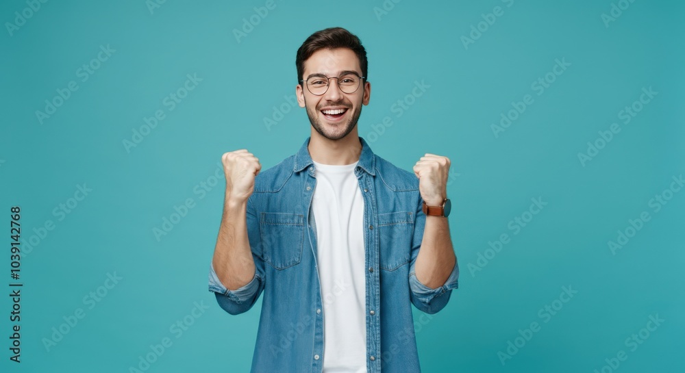 Happy Man Cheering with Fists in the Air, Success and Joy Happy Man Cheering with Fists in the Air, Success and Joy