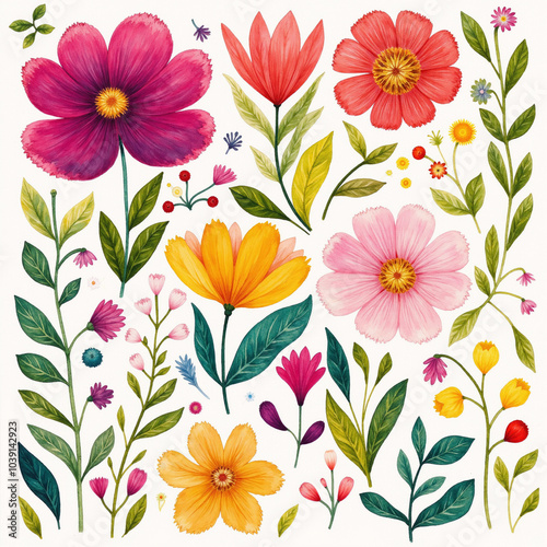 Watercolor Illustrations of Cute Flowers. adorable