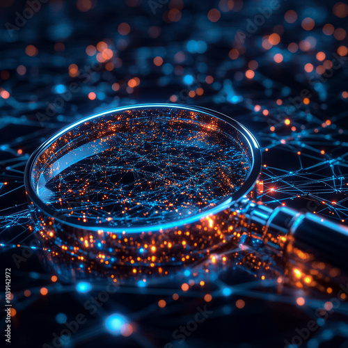 A magnifying glass is on a black background with a lot of glowing lines