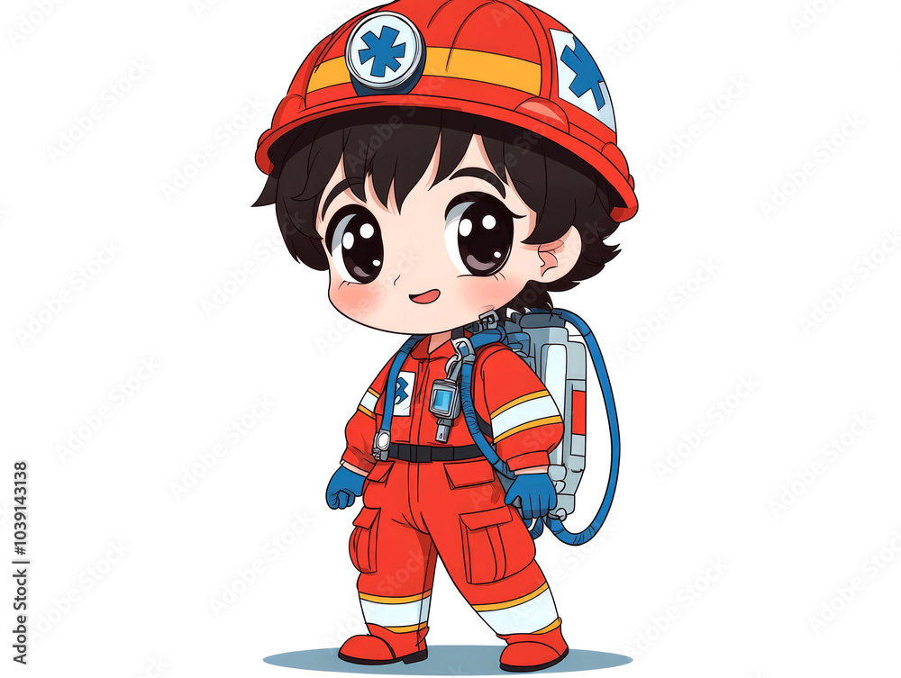 A cute cartoon illustration of a smiling paramedic wearing a red uniform and helmet with a star of life symbol. A cute cartoon illustration of a smiling paramedic wearing a red uniform and helmet with a star of life symbol.