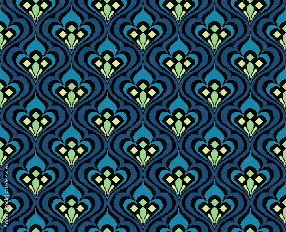 Damask pixel seamless pattern vector illustration. Design for wallpaper, background, decorative, textile, carpet, fabric, wrapping paper, scarf, embroidery. Damask pixel seamless pattern vector illustration. Design for wallpaper, background, decorative, textile, carpet, fabric, wrapping paper, scarf, embroidery.