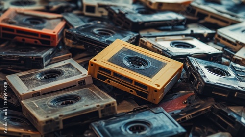 A close-up shot of a pile of vintage audio cassette tapes, with a yellow tape in the center.