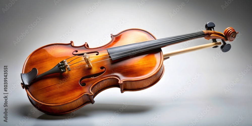 Fototapeta premium Elegant violin with bow on plain background , classical, music, instrument, bow, strings, elegant, beautiful, orchestra, performance