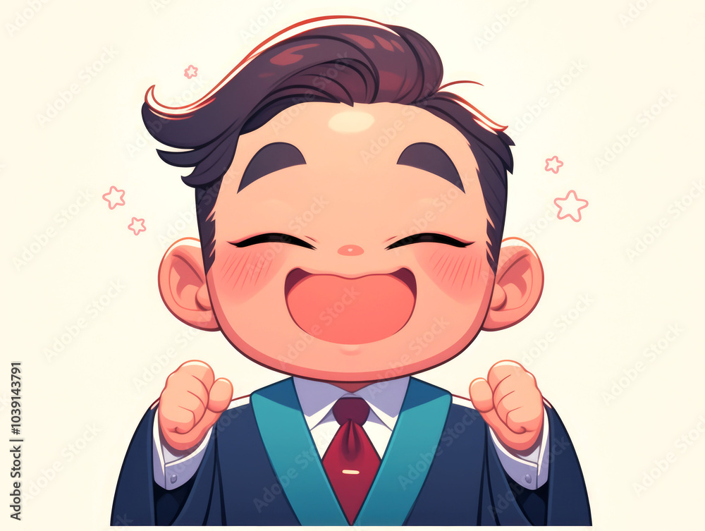 Fototapeta premium A happy cartoon illustration of a man with brown hair wearing a graduation gown, smiling with his eyes closed.