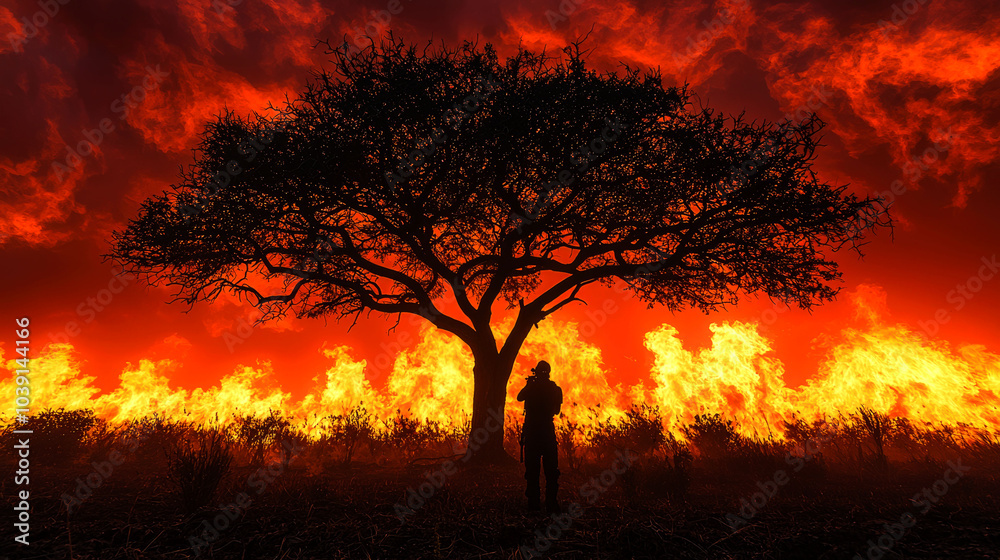 A lone figure stands silhouetted against a backdrop of flames, a tree providing a solitary sanctuary amidst the fiery inferno. 