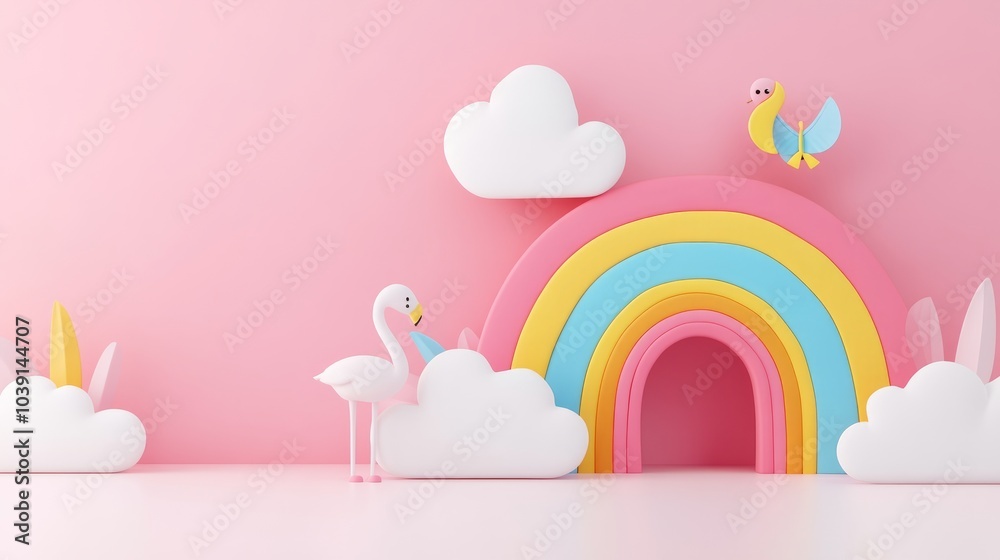 A pink flamingo and a bird flying near a rainbow and clouds in a pink background. A pink flamingo and a bird flying near a rainbow and clouds in a pink background.