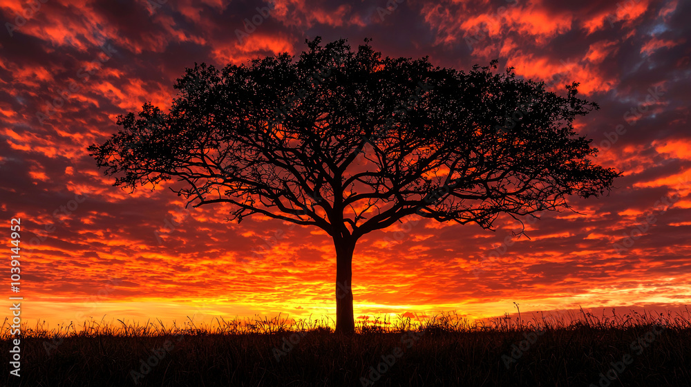 Fototapeta premium A lone tree stands silhouetted against a fiery sunset, creating a dramatic and beautiful scene.